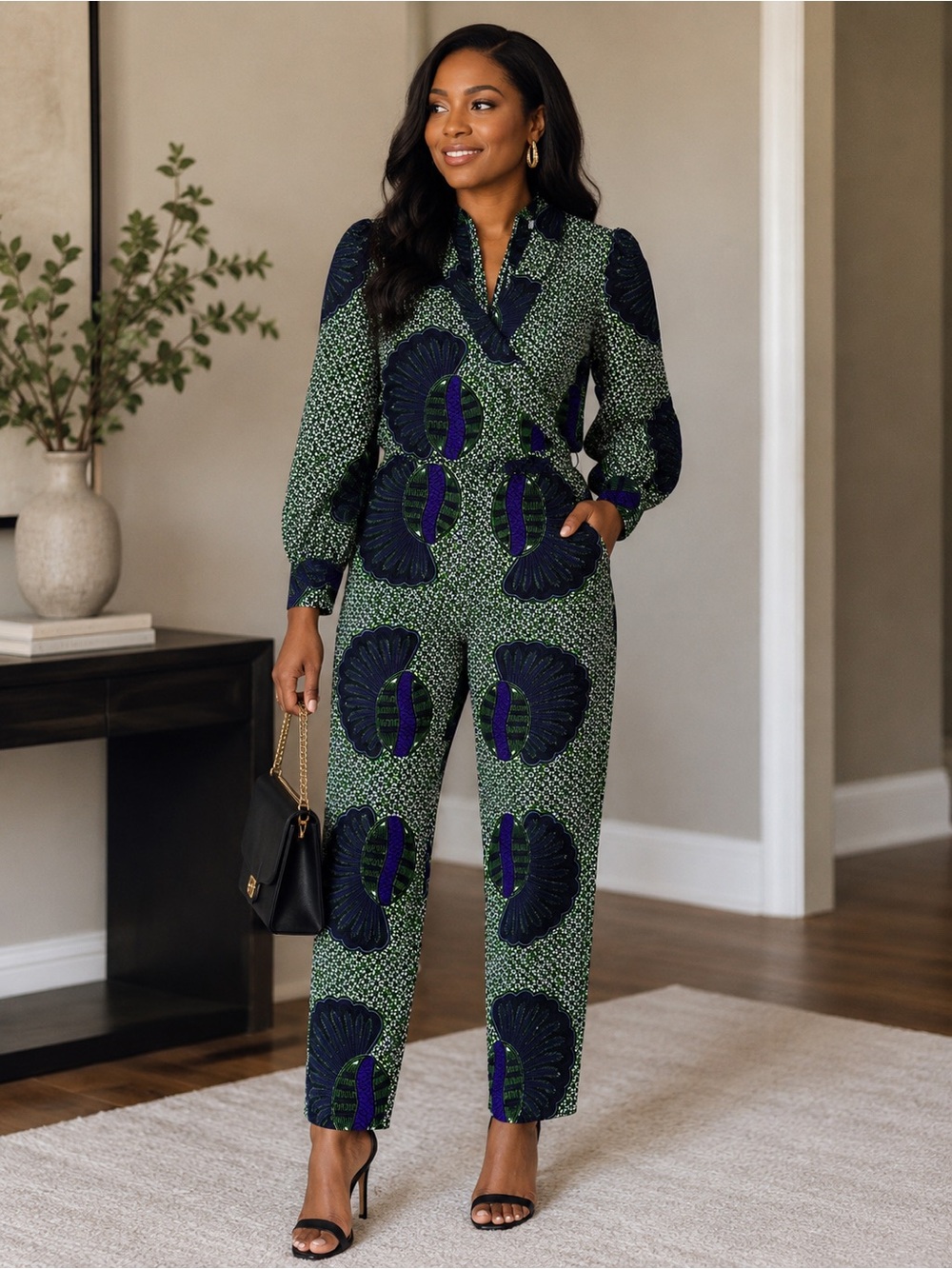 Green & Navy Floral-Print Long Sleeve Jumpsuit